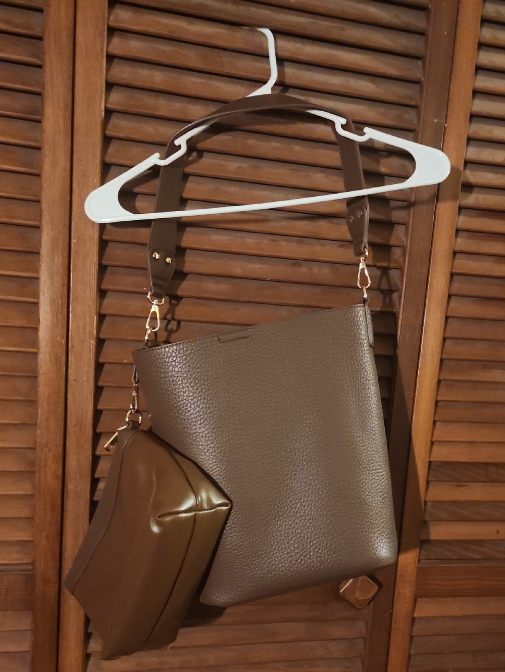 Classic Pebbled Shoulder Bag with Detachable Pouch - Brown